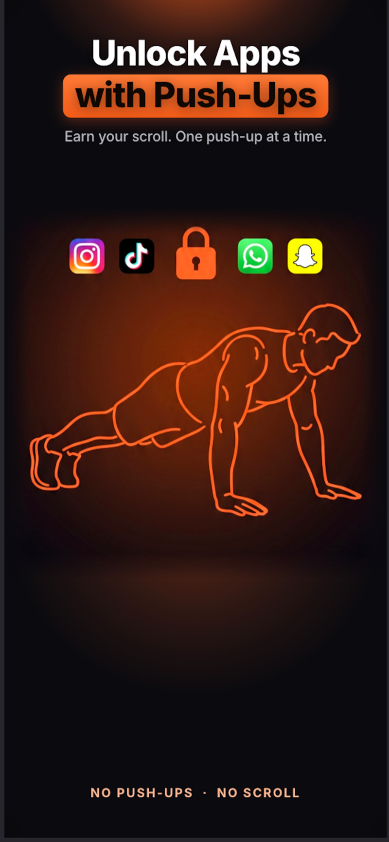 PushPass screen: unlock apps with push-ups — blocked app icons behind a lock, neon outline of a push-up
