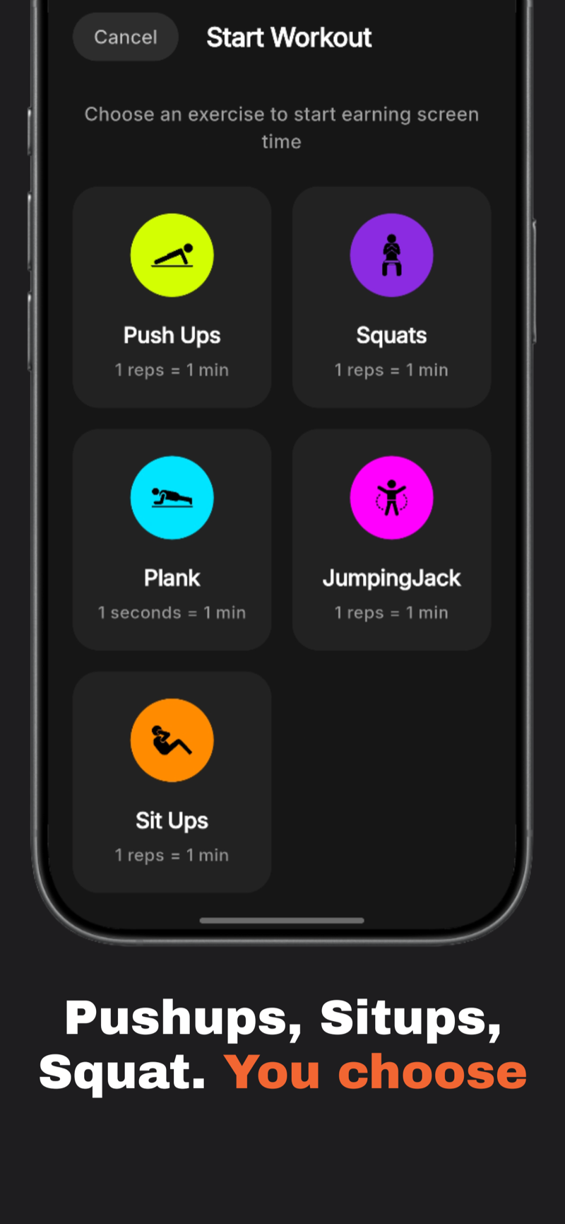Exercise picker: push-ups, squats, plank, jumping jacks, sit-ups