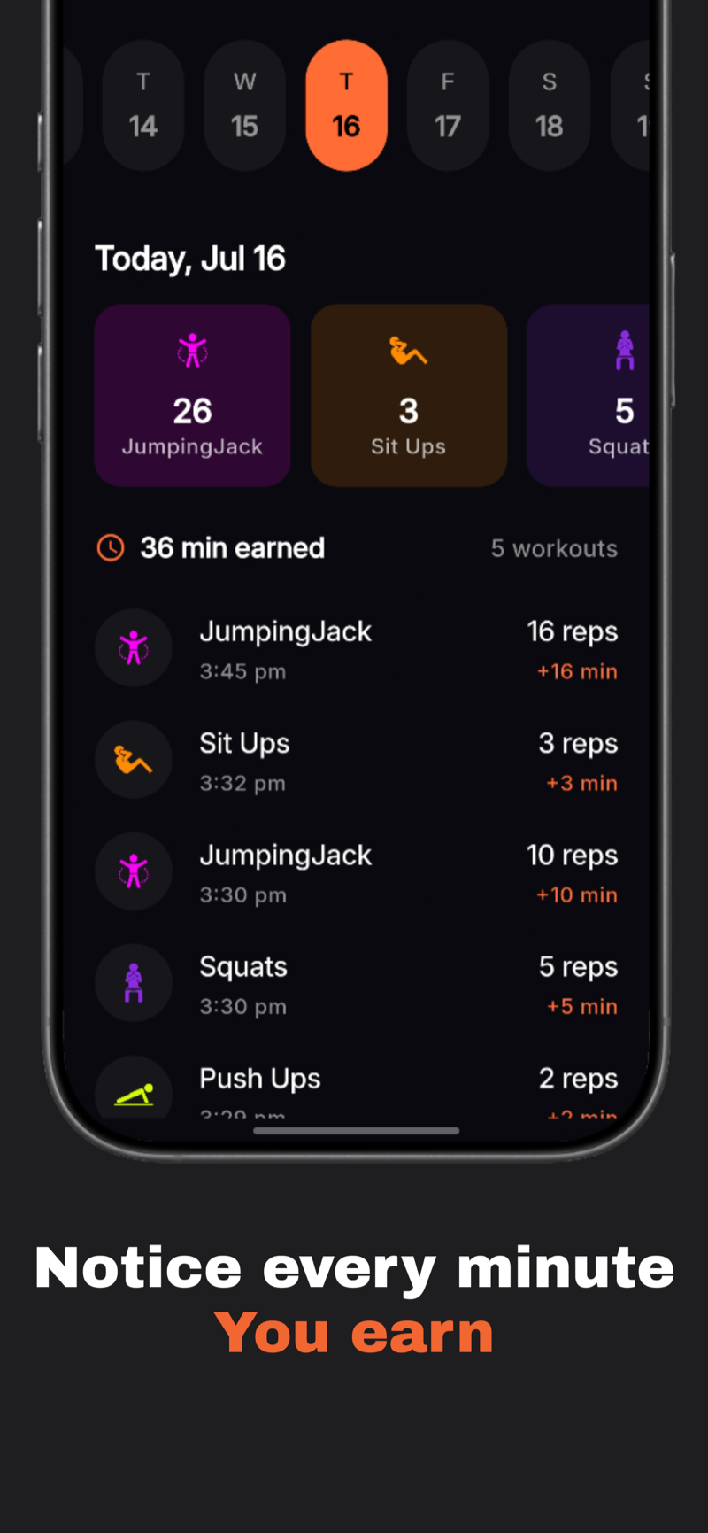 Daily log showing 36 minutes earned across 5 workouts